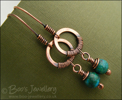 Blue green Chrysocolla wire wrapped earrings