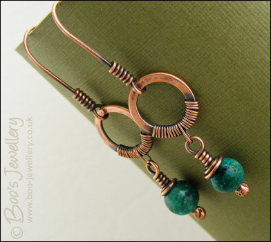 Blue green Chrysocolla wire wrapped earrings