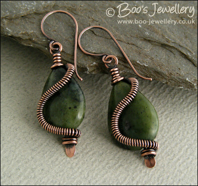Antiqued copper and Chinese green jade teardrop earrings