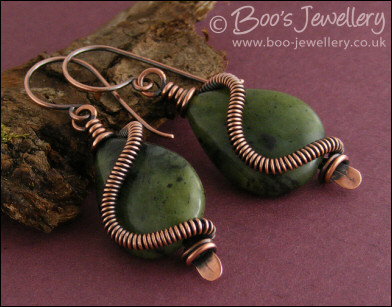 Antiqued copper and Chinese green jade teardrop earrings