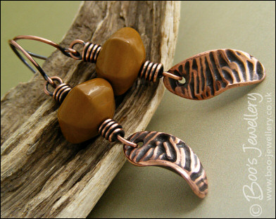 Mookaite lantern bead copper earrings with textured charms