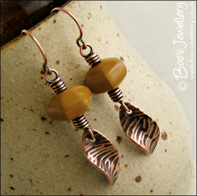 Mookaite lantern bead copper earrings with textured charms