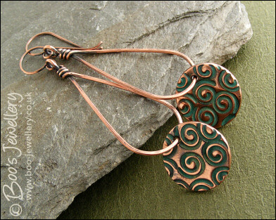 Teardrop loop earrings with turquoise spiral copper charms