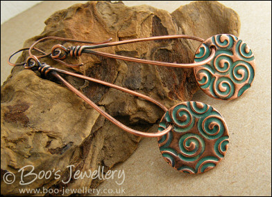 Teardrop loop earrings with turquoise spiral copper charms