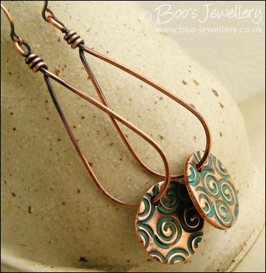 Teardrop loop earrings with turquoise spiral copper charms