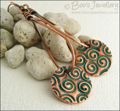 Teardrop loop earrings with turquoise spiral copper charms
