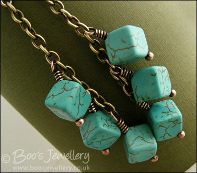 Antiqued bronze and turquoise cube chain earrings