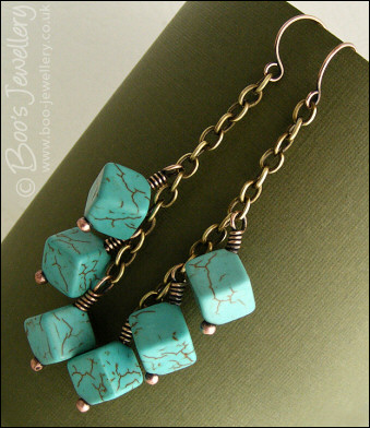 Antiqued bronze and turquoise cube chain earrings