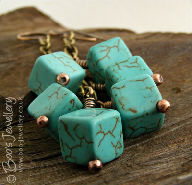 Antiqued bronze and turquoise cube chain earrings