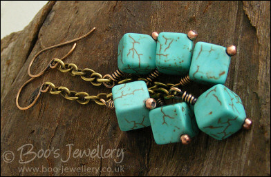 Antiqued bronze and turquoise cube chain earrings