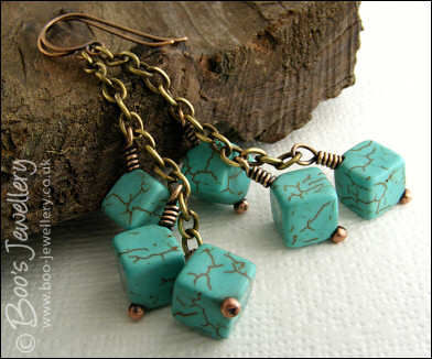 Antiqued bronze and turquoise cube chain earrings