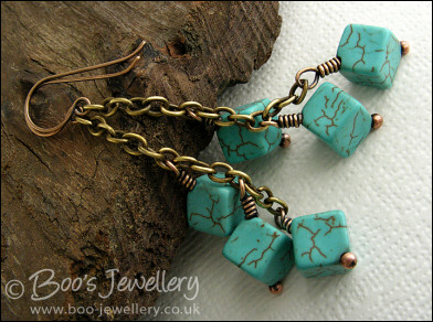 Antiqued bronze and turquoise cube chain earrings
