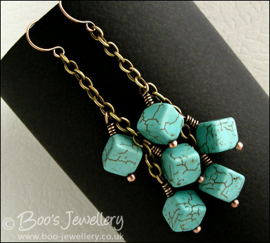 Antiqued bronze and turquoise cube chain earrings