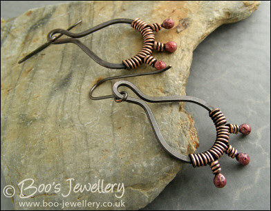 Copper teardrop loop earrings with rosy buds