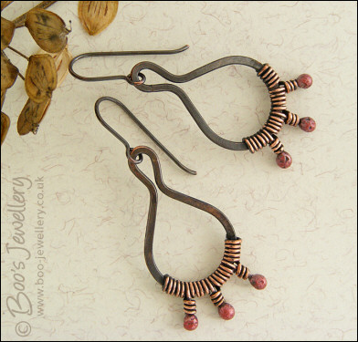 Copper teardrop loop earrings with rosy buds