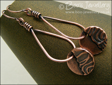 Teardrop loop earrings with textured copper charms
