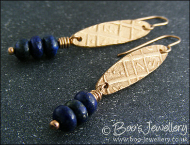 Bronze and lapis stack long drop earrings
