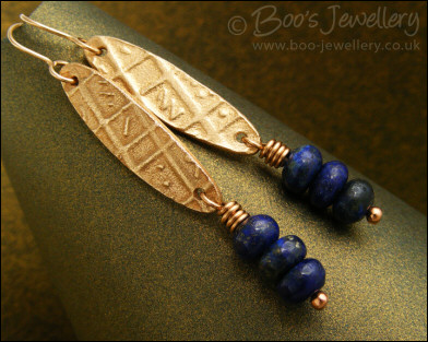Bronze and lapis stack long drop earrings