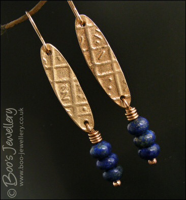 Bronze and lapis stack long drop earrings