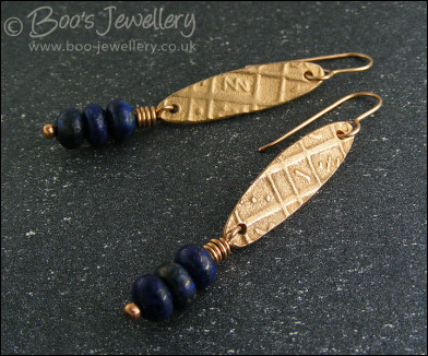 Bronze and lapis stack long drop earrings