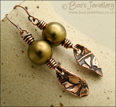 Antiqued copper and seashell pearl earrings