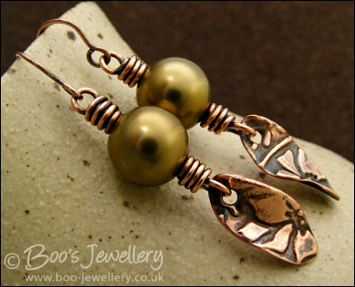 Antiqued copper and seashell pearl earrings