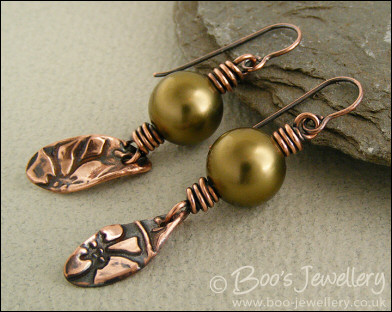 Antiqued copper and seashell pearl earrings