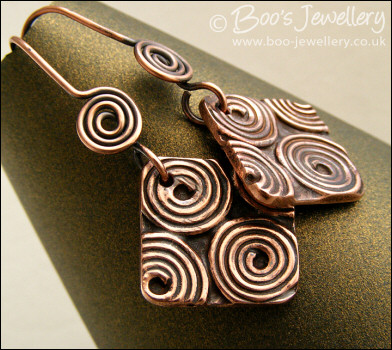 Antiqued copper spiral theme square earrings