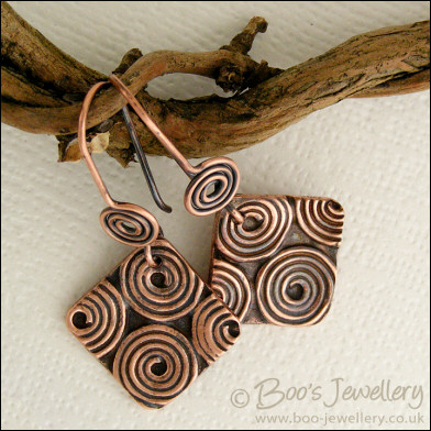 Antiqued copper spiral theme square earrings