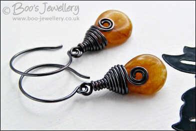 Honey opal copper wrapped teardrop earrings