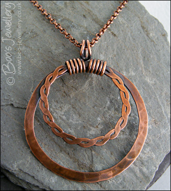 Copper double hammered ring pendant on belcher chain