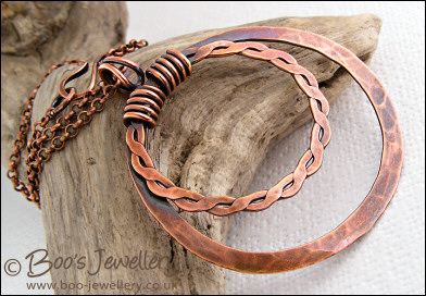 Copper double hammered ring pendant on belcher chain