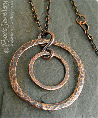 Hammered and antiqued copper concentric circles pendant with chain