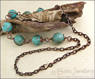 Antiqued copper spiral wrapped chalk turquoise necklace