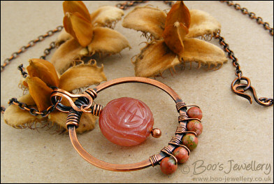 Carnelian and unakite copper circle pendant on chain