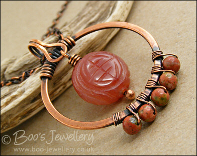 Carnelian and unakite copper circle pendant on chain