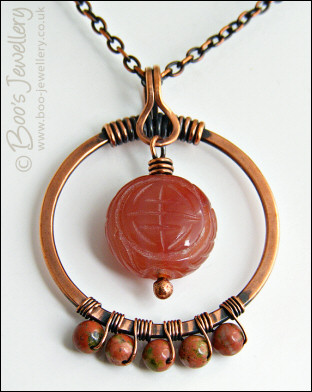 Carnelian and unakite copper circle pendant on chain