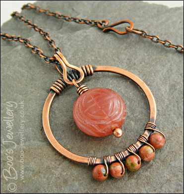 Carnelian and unakite copper circle pendant on chain