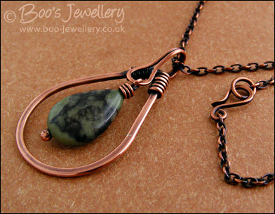 Green jade and antiqued copper teardrop pendant