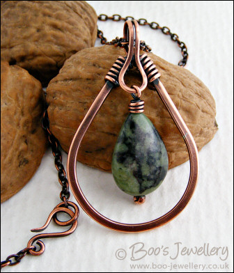 Green jade and antiqued copper teardrop pendant