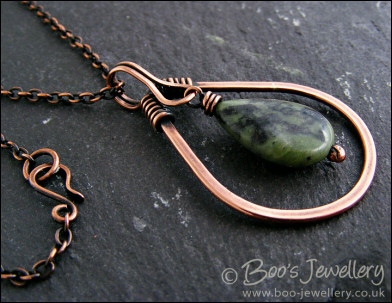Green jade and antiqued copper teardrop pendant