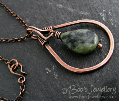 Green jade and antiqued copper teardrop pendant