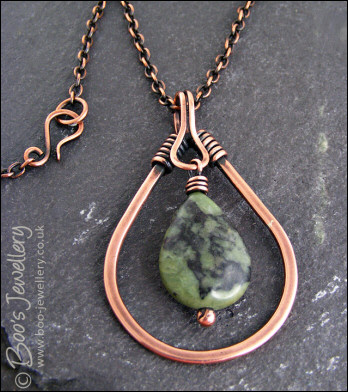 Green jade and antiqued copper teardrop pendant