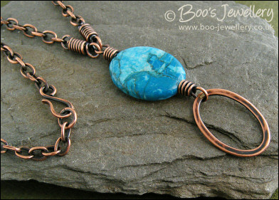 Turquoise veined jasper and copper oval necklace