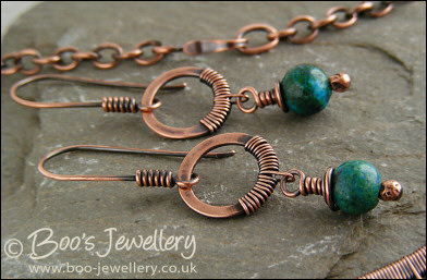 Blue green Chrysocolla wire wrapped earrings