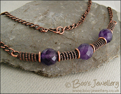 Antiqued copper spiralled rope and amethyst necklace