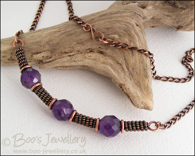 Antiqued copper spiralled rope and amethyst necklace