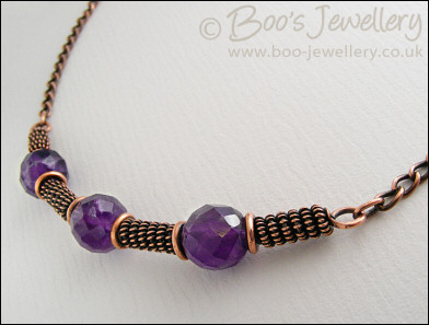 Antiqued copper spiralled rope and amethyst necklace