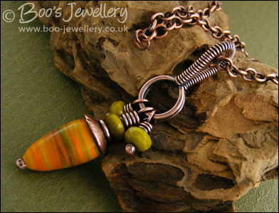 Necklace and earring set with yellow, orange and olive green glass beads