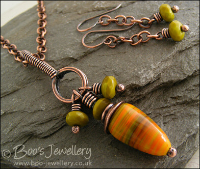 Necklace and earring set with yellow, orange and olive green glass beads